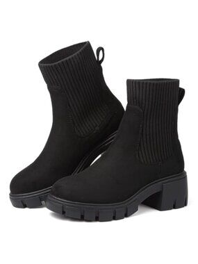 Women's Chelsea Boots Stretch Knit Chunky Heel Lug Sole Pull On Ankle Boots